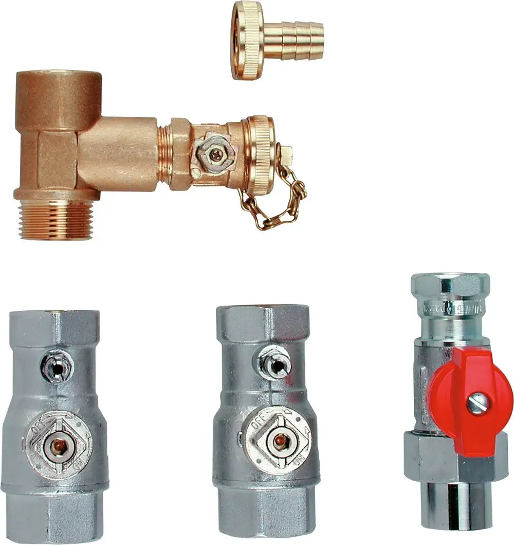 Installationszubehör von Bosch, bestehend aus einem Winkelventil, einem Kugelhahn und weiteren Verbindungsteilen, die in Heizungsinstallationen verwendet werden.